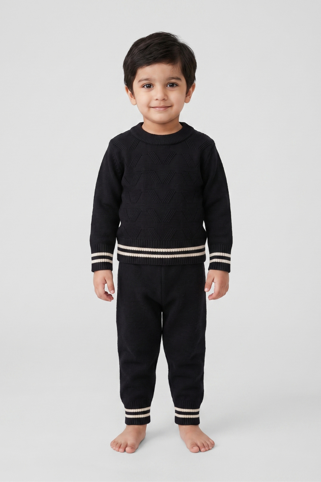 Boy wearing navy kids knit sweater and trouser set FB-3986