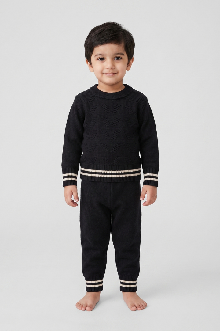 Boy wearing navy kids knit sweater and trouser set FB-3986