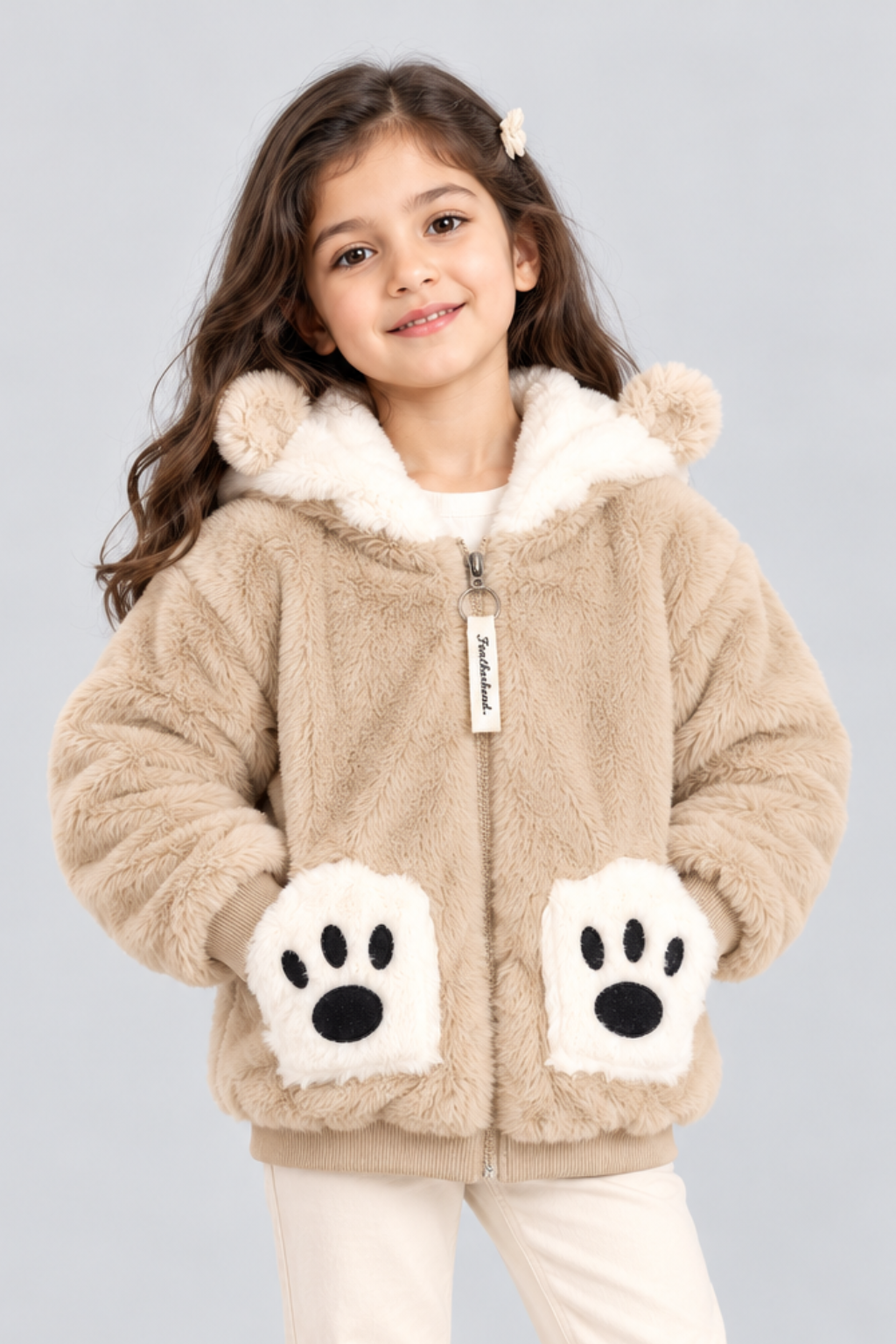 Camel Beige & Ivory White Teddy Paws Fur Zip-Up Hoodie - FB-10795