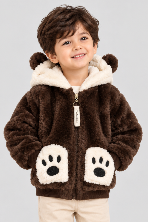 Chocolate Brown & Ivory White Panda Paws Fur Zip-Up Hoodie - FB-10799