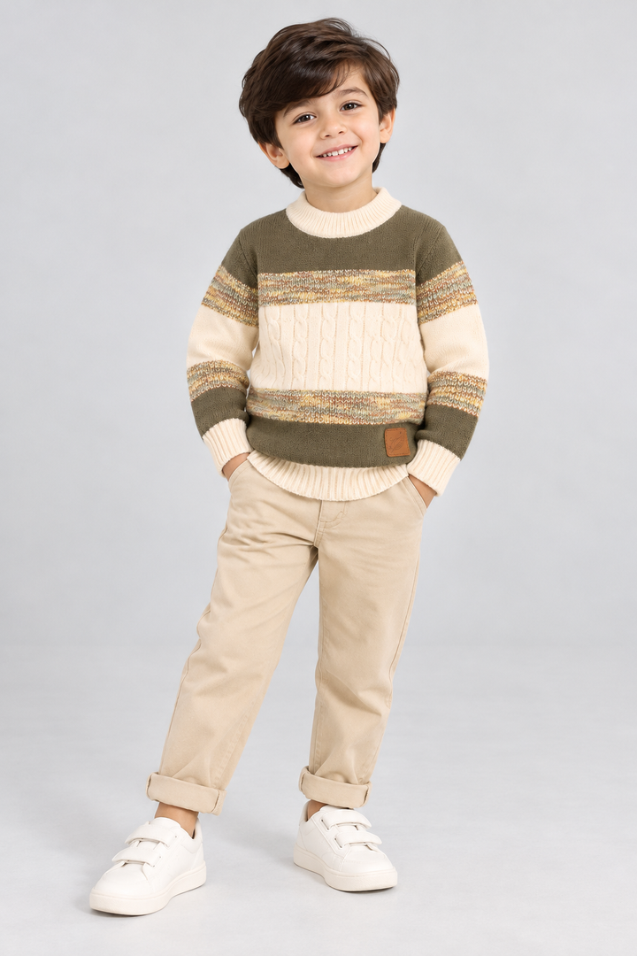 Pakistani toddler boy wearing Featherhead olive brown woodland cable knit winter sweater FB-4281 with beige trousers