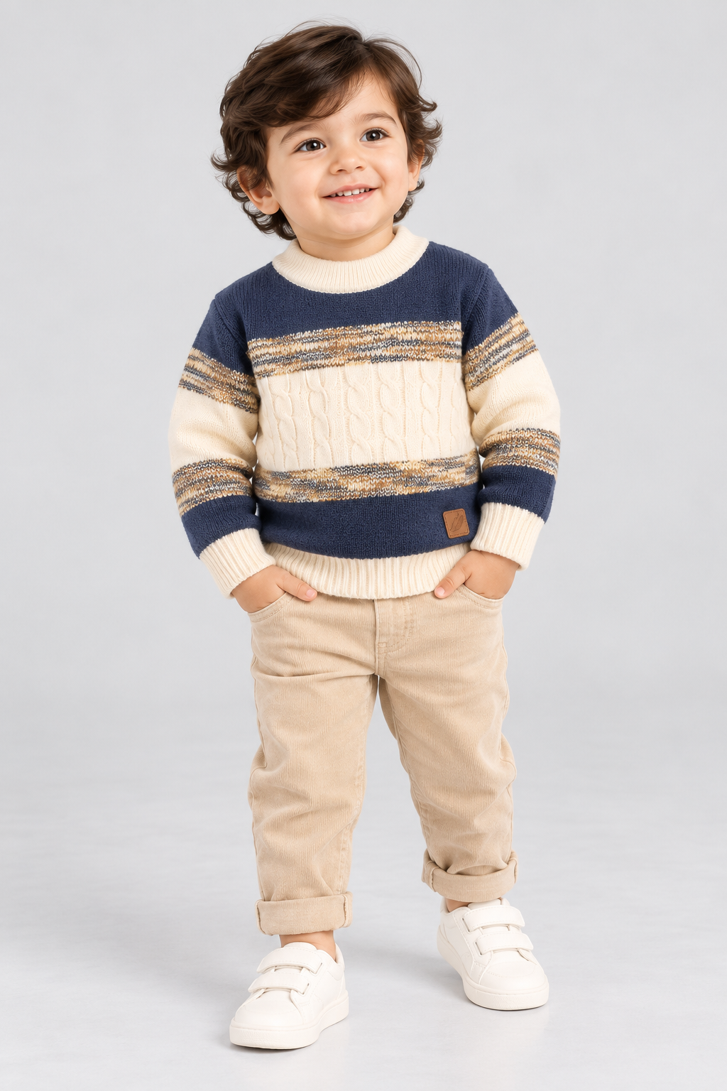 Navy Blue & Ivory Cream Classic Mélange Cable Knit Sweater - FB-4311