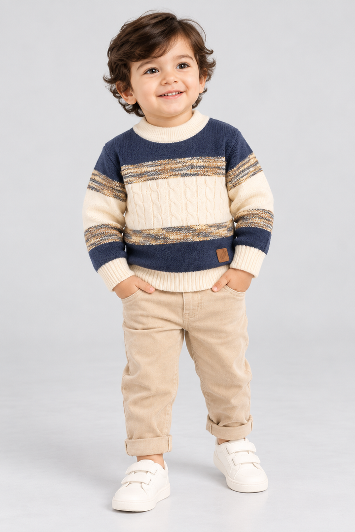 Navy Blue & Ivory Cream Classic Mélange Cable Knit Sweater - FB-4311