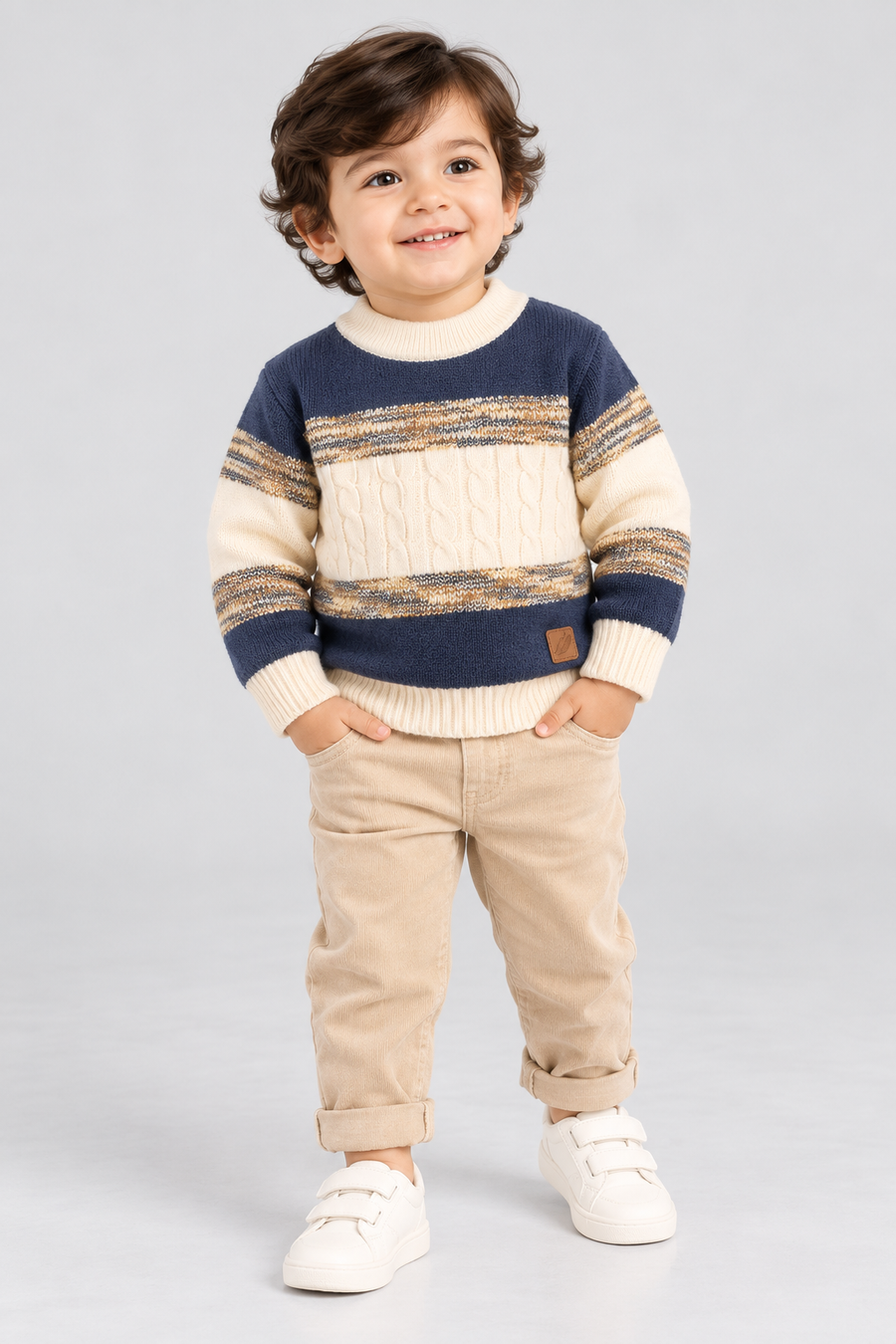 Navy Blue & Ivory Cream Classic Mélange Cable Knit Sweater - FB-4311