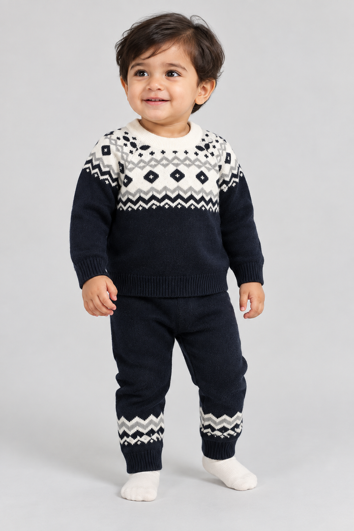Black Fair Isle Knit Sweater & Trouser Set - FB-4239