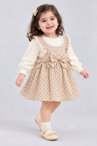 Ivory Cream Polka Dot Corduroy Frock - FG-5685