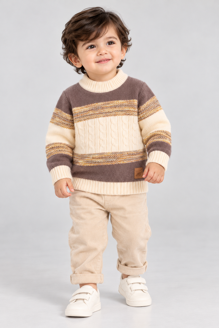 Pakistani toddler boy wearing Featherhead chocolate brown and cream cable knit winter sweater FB-4276 with beige trousers