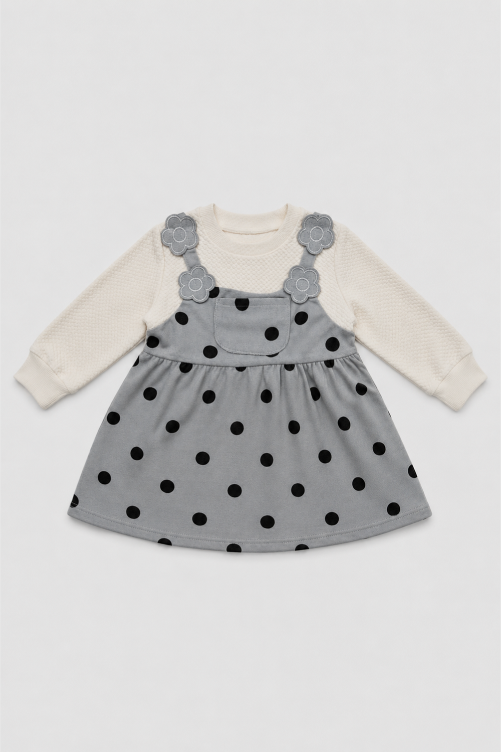 Front view of Featherhead Girls Grey Polka Dot Cotton Interlock Corduroy Frock FG-5647