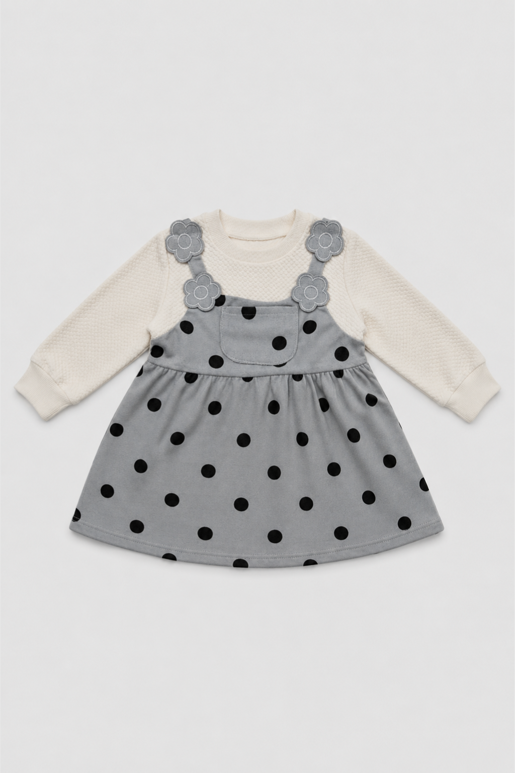 Front view of Featherhead Girls Grey Polka Dot Cotton Interlock Corduroy Frock FG-5647