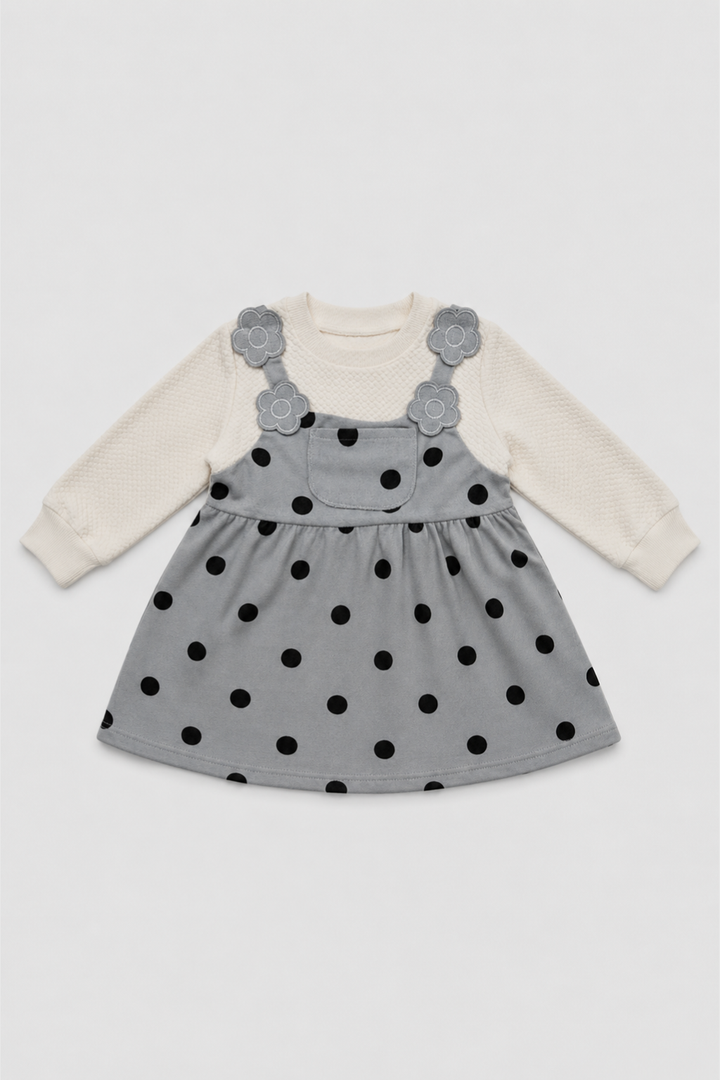 Front view of Featherhead Girls Grey Polka Dot Cotton Interlock Corduroy Frock FG-5647
