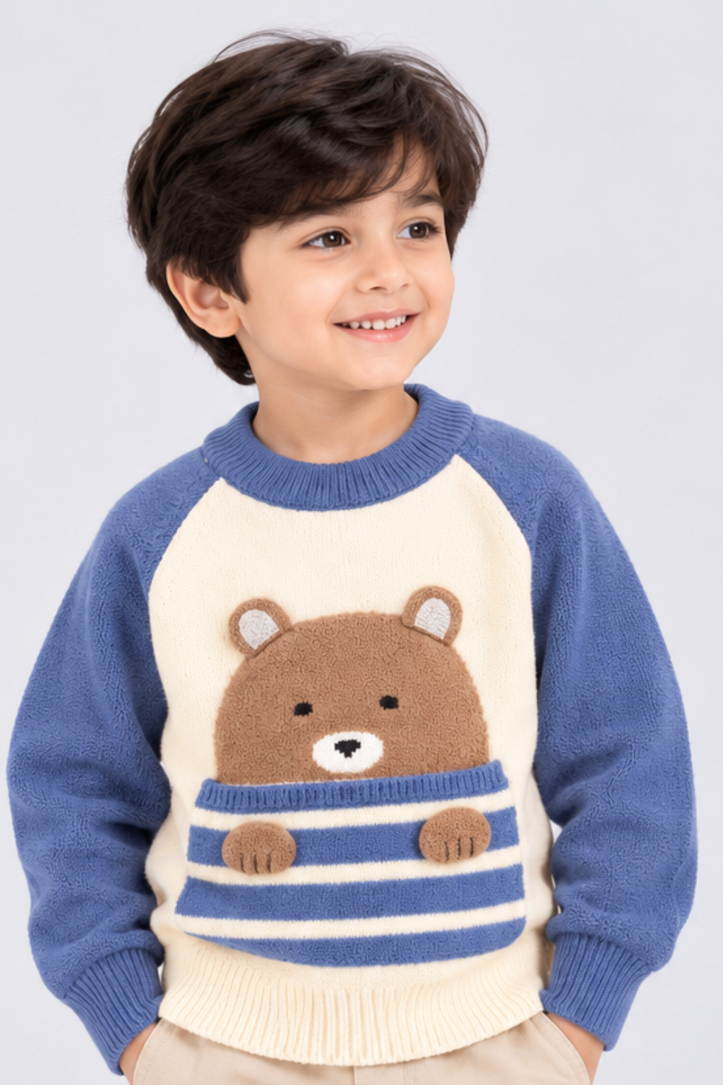 Royal Blue & Cream Baby Bear Colorblock Wool Sweater - FB-4348