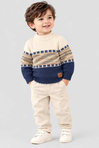Blue Beige Mélange Winter Mélange Cable Knit Sweater - FB-4306