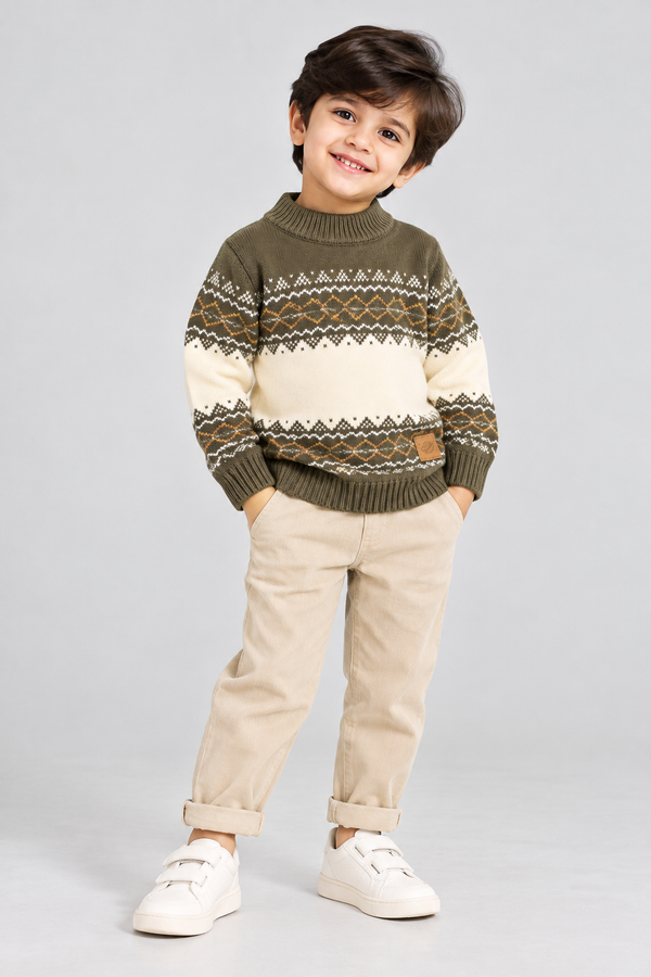 Toddler boy wearing Featherhead olive green Nordic knit winter sweater FB-4296 with beige trousers