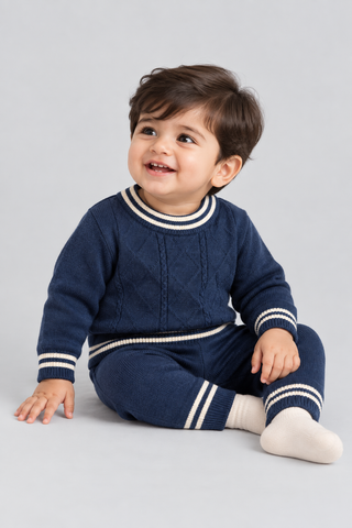 Navy Cable Knit Sweater & Trouser Set - FB-4231