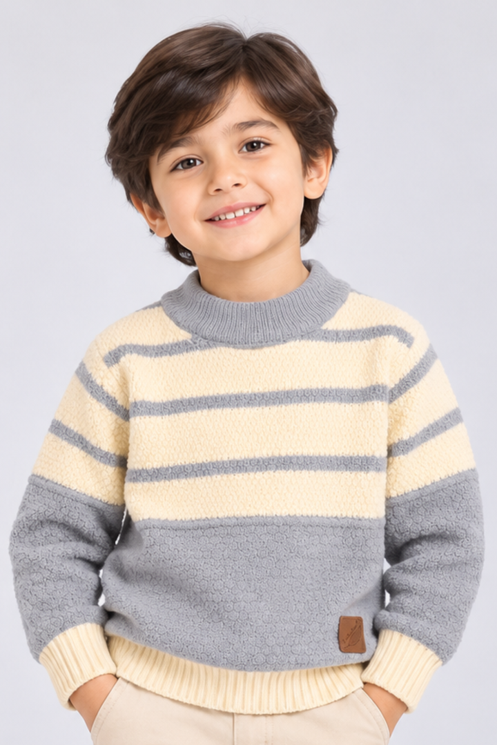 Ivory Cream & Dusty Lavender Cozy Striped Knit Sweater - FB-4373