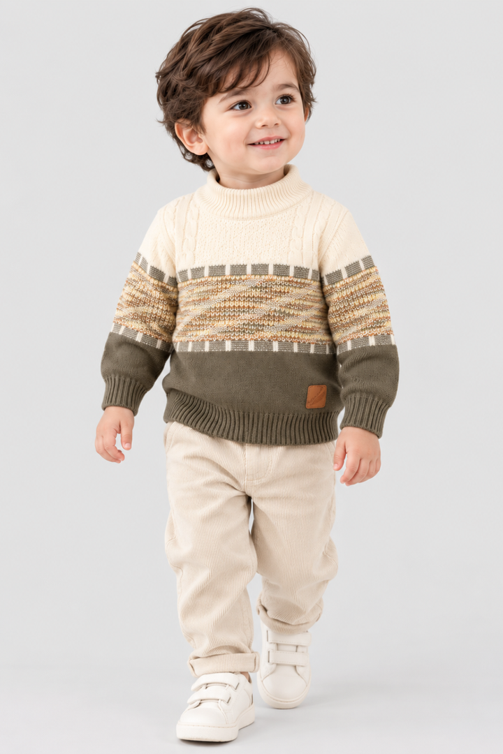 Toddler boy wearing Featherhead ivory cream and olive green cable knit winter sweater FB-4301 with beige trousers