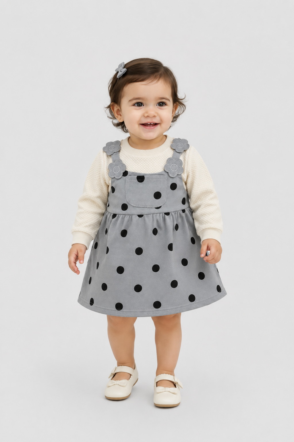 Baby girl wearing Featherhead Girls Grey Polka Dot Cotton Interlock Corduroy Frock FG-5647