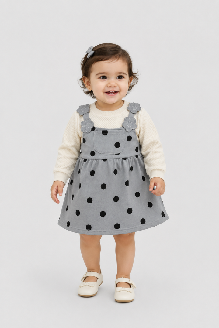 Baby girl wearing Featherhead Girls Grey Polka Dot Cotton Interlock Corduroy Frock FG-5647