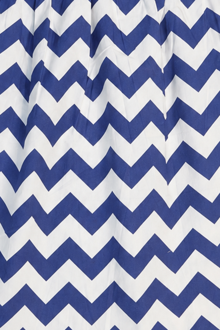 Close-up of blue and white chevron cotton fabric used in Featherhead Girls Puff Sleeves Dress FB-5581