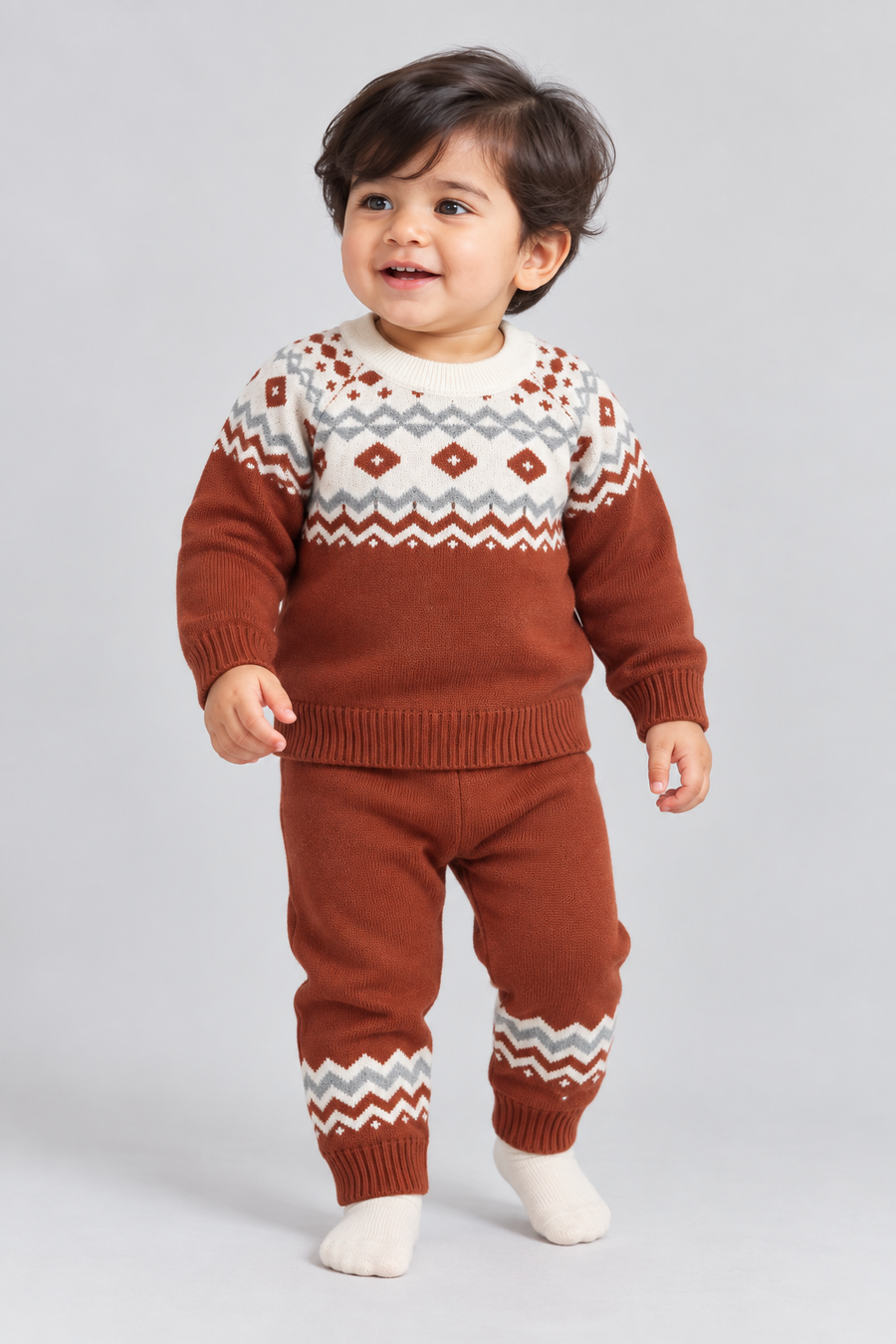 Brown Fair Isle Knit Sweater & Trouser Set - FB-4243