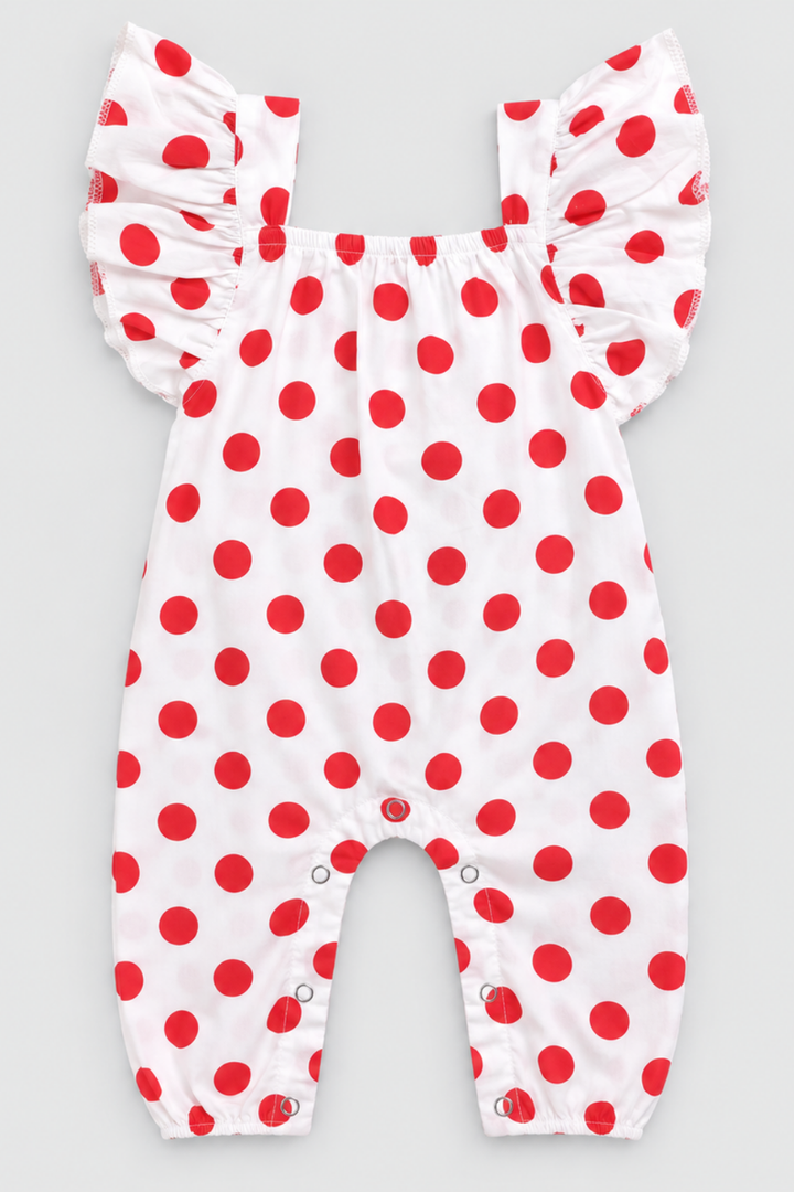 Baby girls 100% cotton red polka dot ruffle strap romper FB-5031 Pakistan