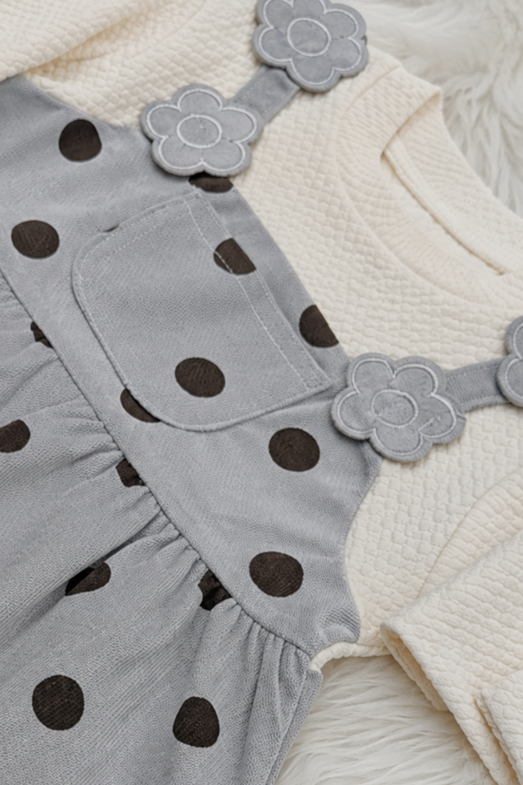Close-up of grey polka dot print and premium cotton interlock fabric on Featherhead Girls Corduroy Frock FG-5647