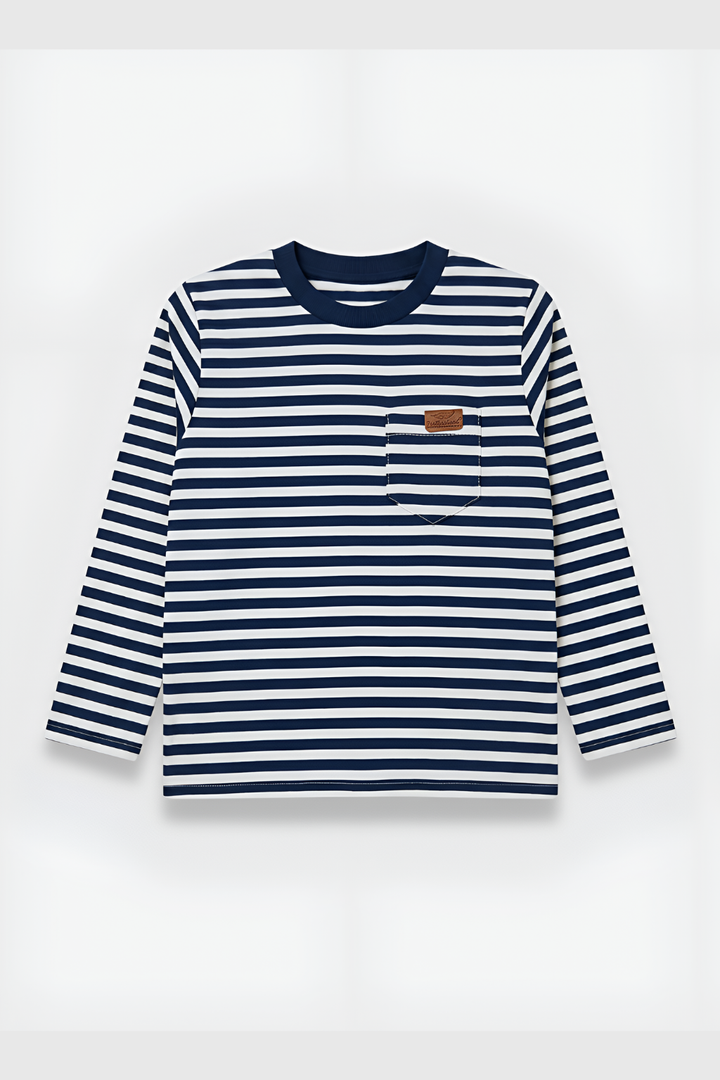 Long sleeve navy striped cotton interlock top from Featherhead Boys Set FS-0074