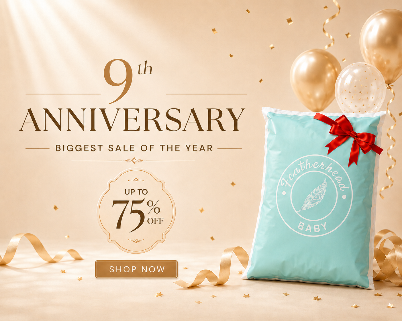 9 year anniversary sale banner featuring Featherhead Baby products with “up to 75% off” promotion and shop now call-to-action.