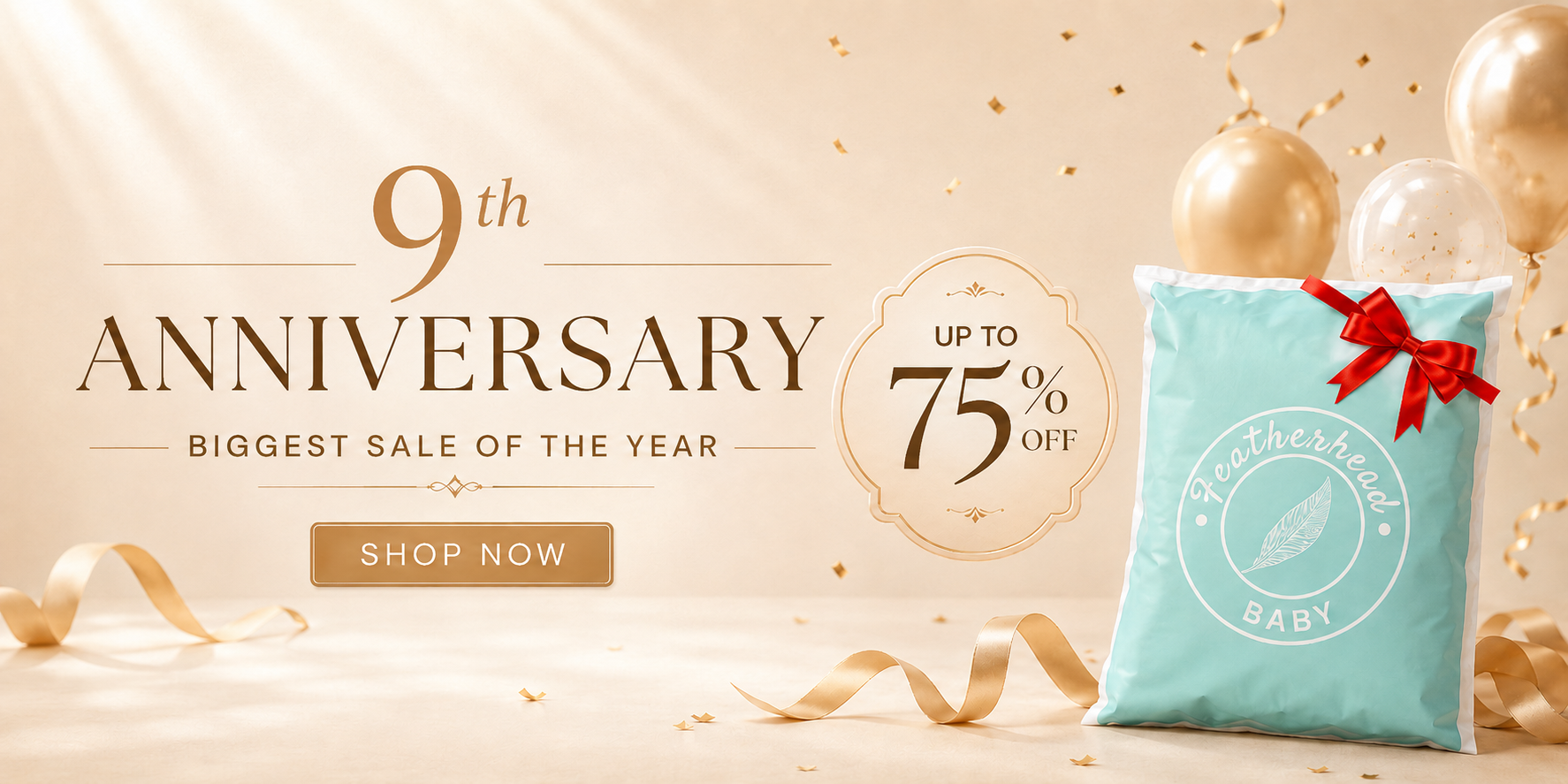 9 year anniversary sale banner featuring Featherhead Baby products with “up to 75% off” promotion and shop now call-to-action.