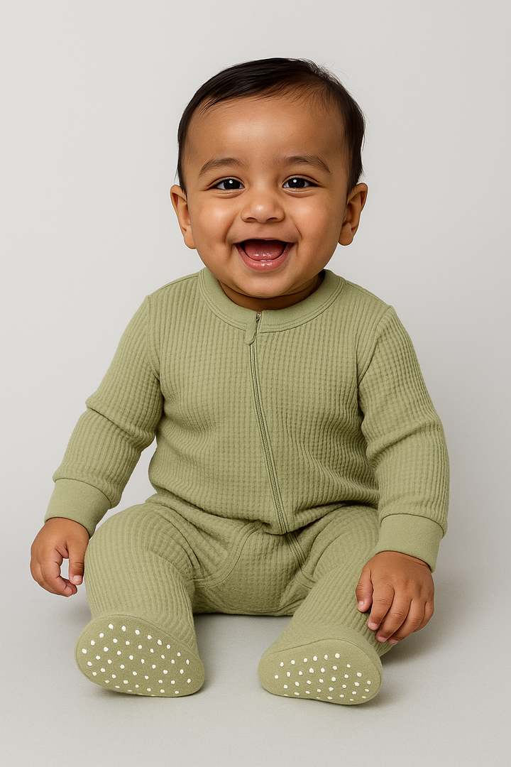 Baby wearing Sea Grass green cotton footed sleep n’ play with full sleeves and zipper