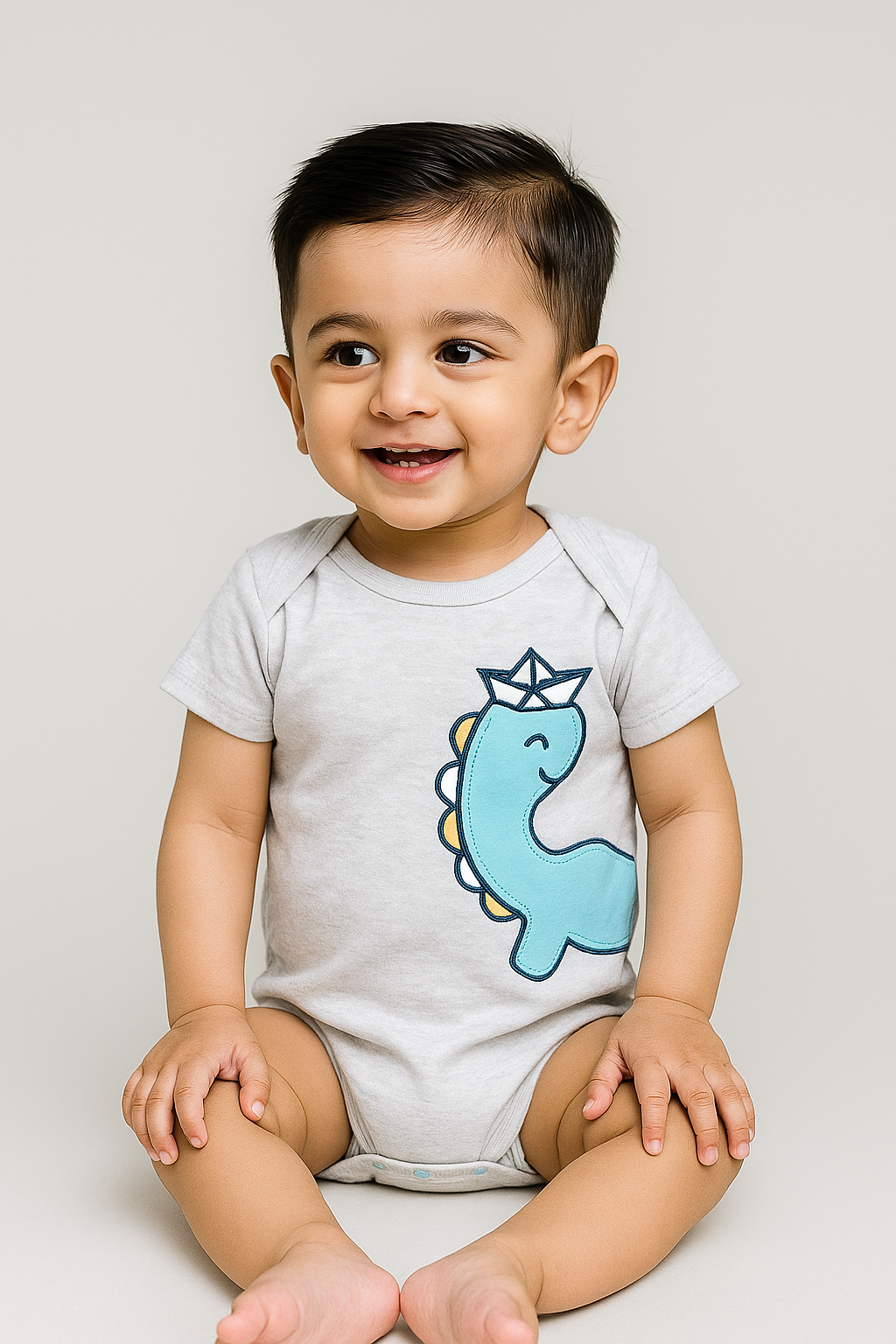 Cute baby boy wearing Featherhead Bodysuit FB-2065 with fun dino print, made from 100% cotton