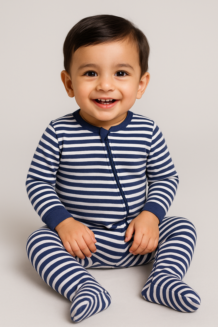 Baby wearing navy stripe Footed Sleep N' Play FB-6027 cotton sleeper