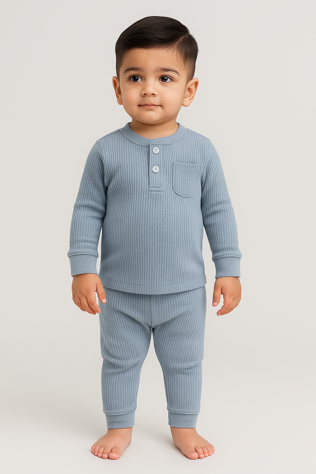 Cute baby modeling Featherhead Top & Bottom Set FN-6501 WT in faded denim waffle thermal cotton