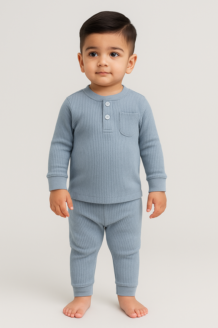 Cute baby modeling Featherhead Top & Bottom Set FN-6501 WT in faded denim waffle thermal cotton