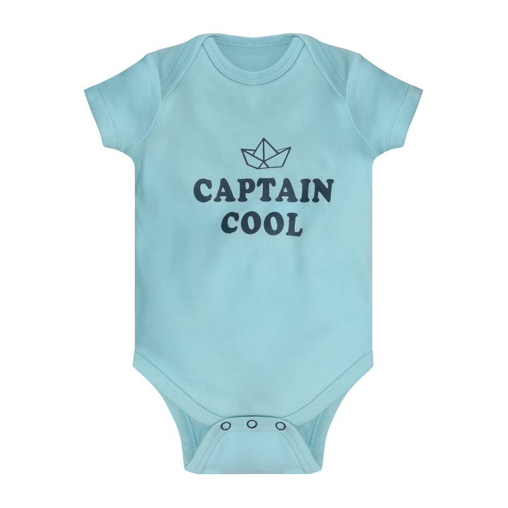 Light blue cotton baby bodysuit with “Captain Cool” slogan print