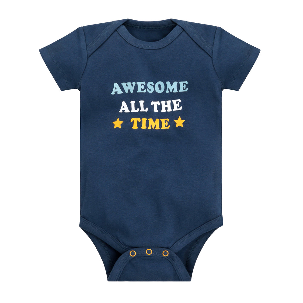 Featherhead Bodysuit FB-2077 in navy blue with “Awesome All The Time” print, flat lay