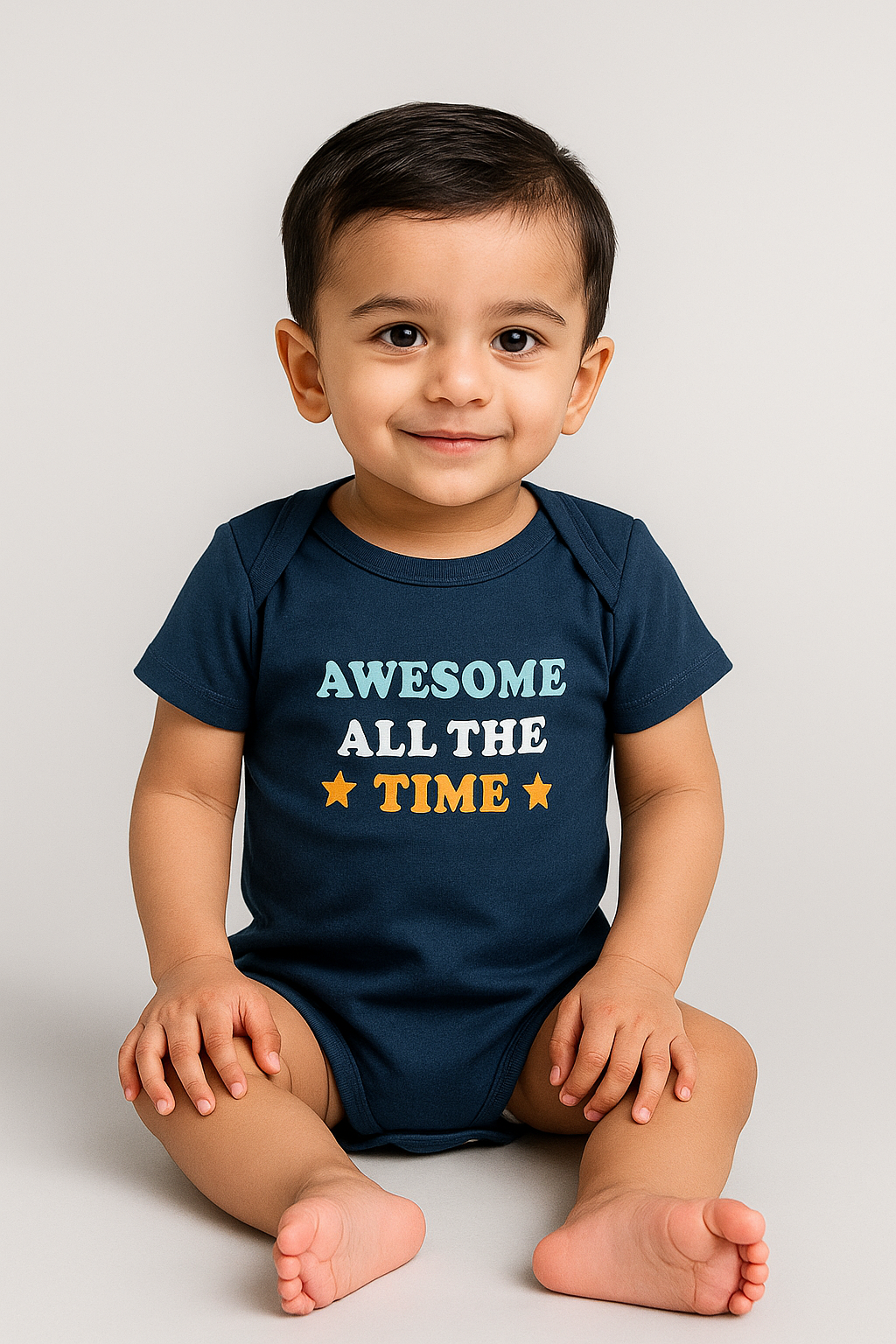 Baby boy wearing Featherhead Bodysuit FB-2077 with “Awesome All The Time” print in navy blue cotton