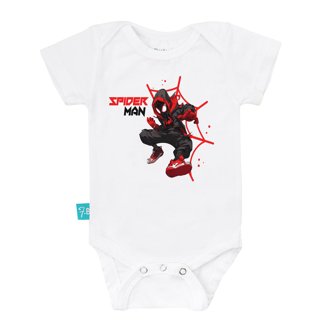 White cotton baby bodysuit with Spider-Man inspired print