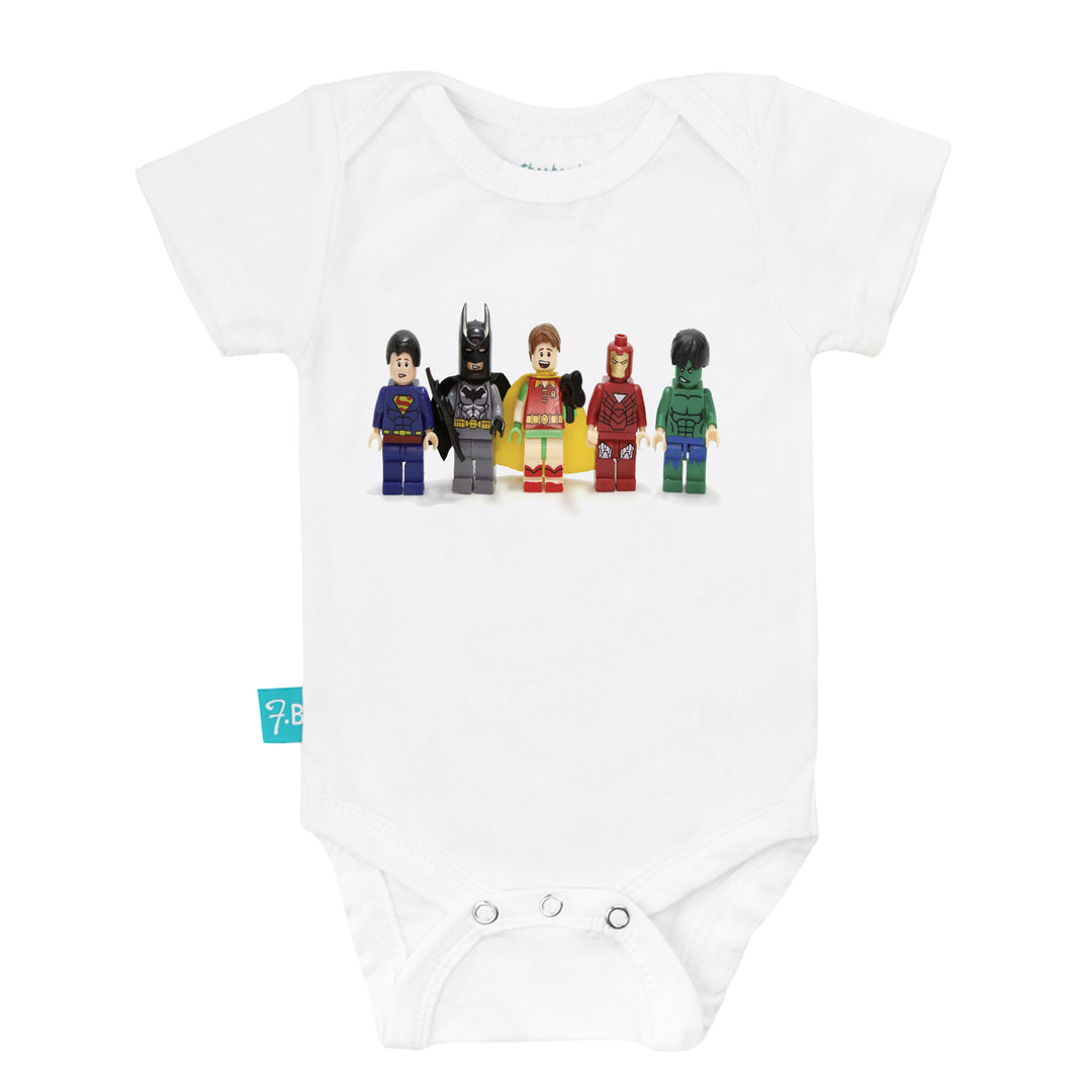 White cotton baby bodysuit with colorful Lego character print