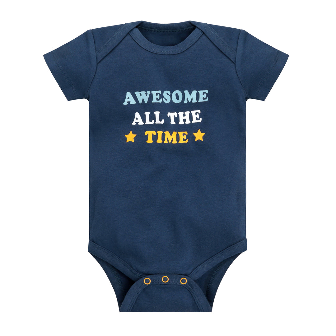 Dark navy cotton bodysuit with slogan “Awesome All the Time”