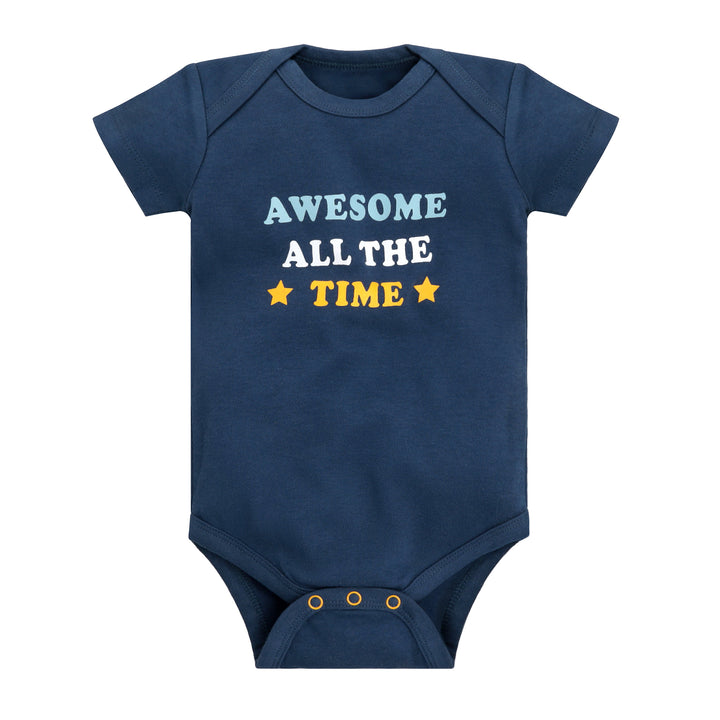 Dark navy cotton bodysuit with slogan “Awesome All the Time”