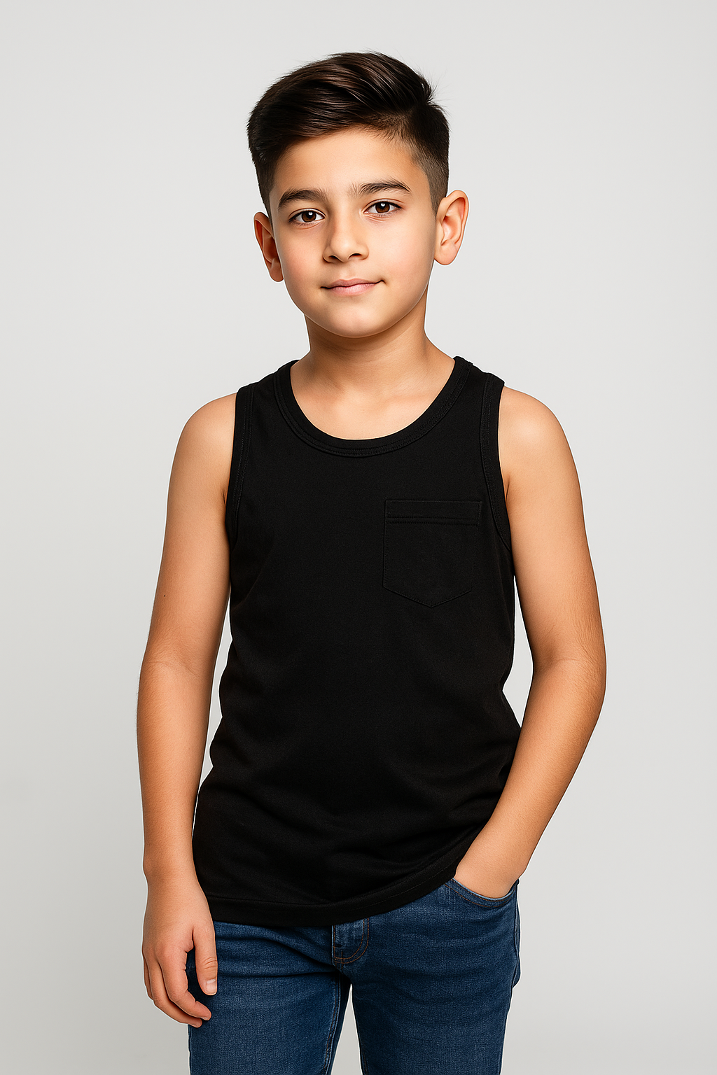 Kids black cotton tank top worn by boy – Featherhead FB-3181