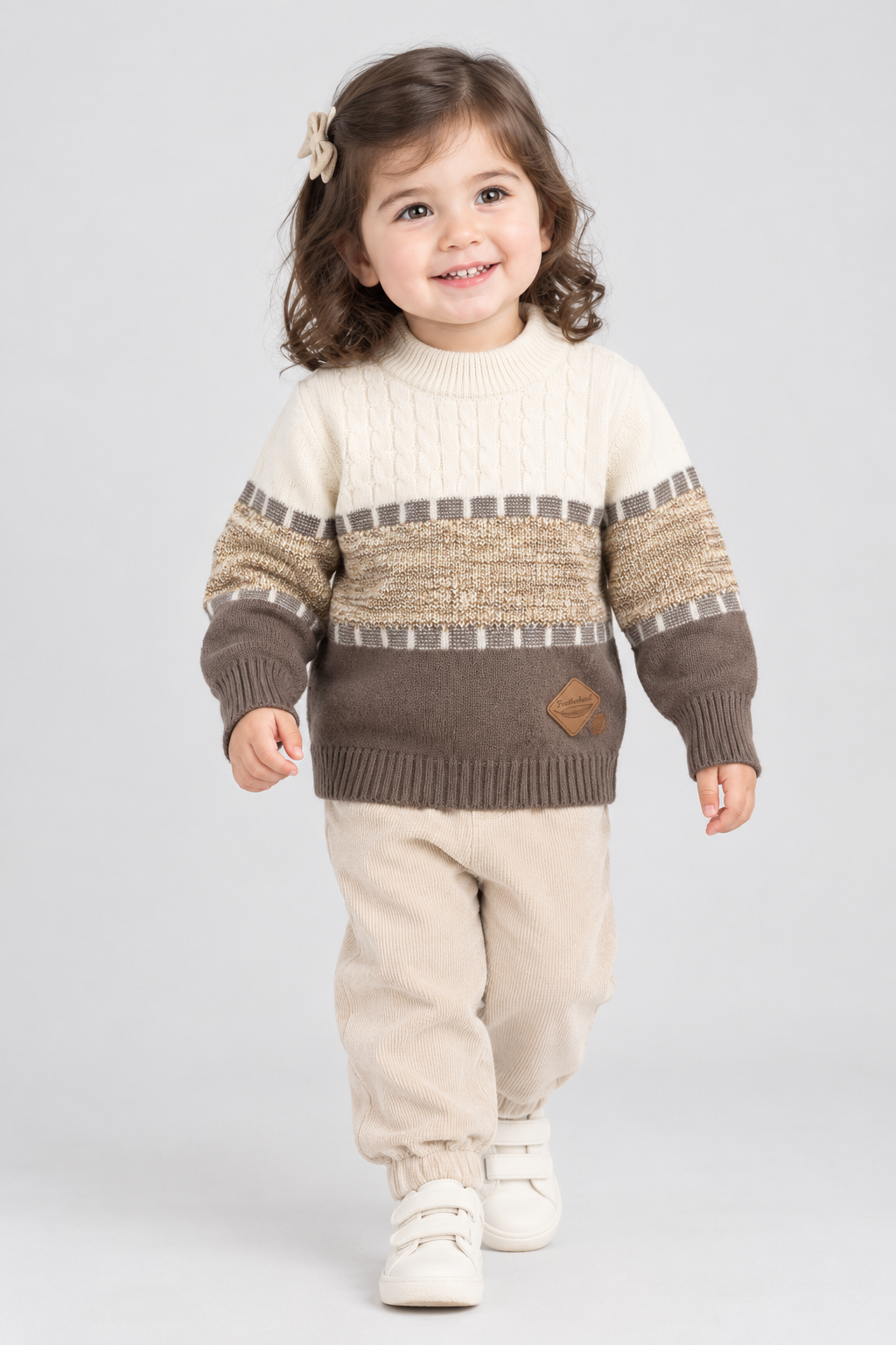 Toddler wearing Featherhead white and mocha brown heritage cable knit sweater FB-4291 with beige trousers in Pakistan