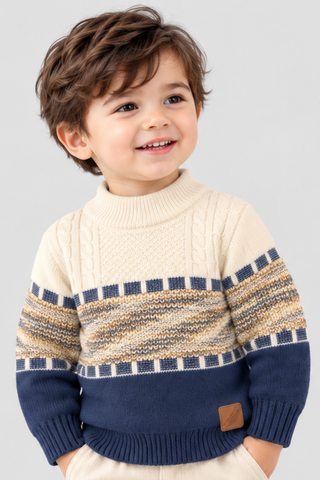 Blue Beige Mélange Winter Mélange Cable Knit Sweater - FB-4306