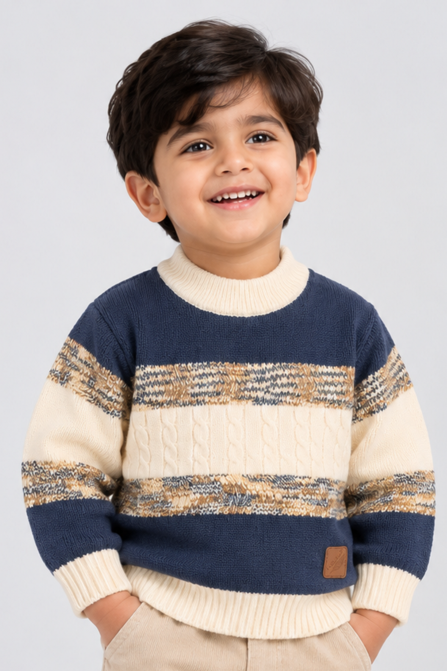 Navy Blue & Ivory Cream Classic Mélange Cable Knit Sweater - FB-4311