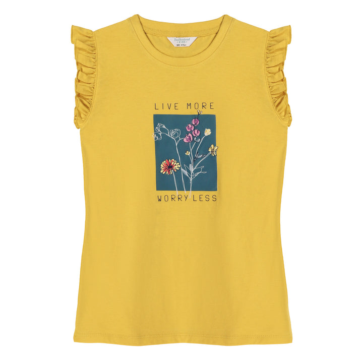 FG-3857- Yellow- "Live more"  Ruffle sleeve Tank Top shirt