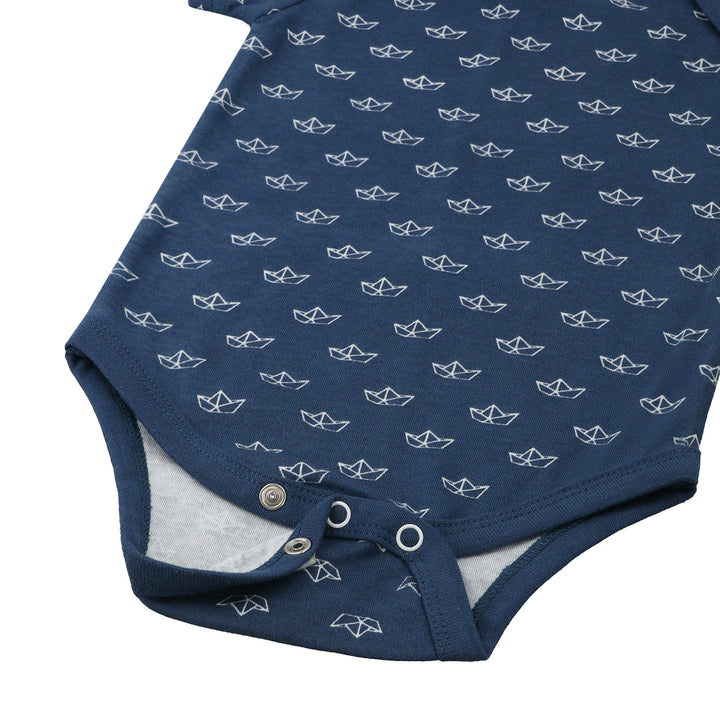 Closeup view of Sailboat print on Featherhead Bodysuit FB-2061 navy blue cotton baby romper