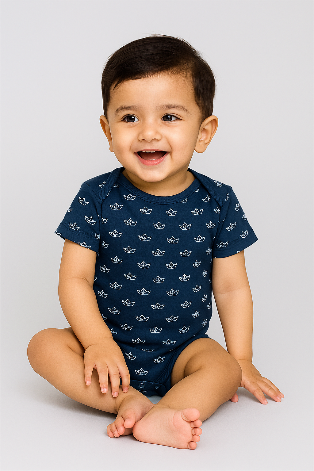 Baby boy wearing Featherhead Bodysuit FB-2061 in navy blue with Sailboat print, soft cotton romper