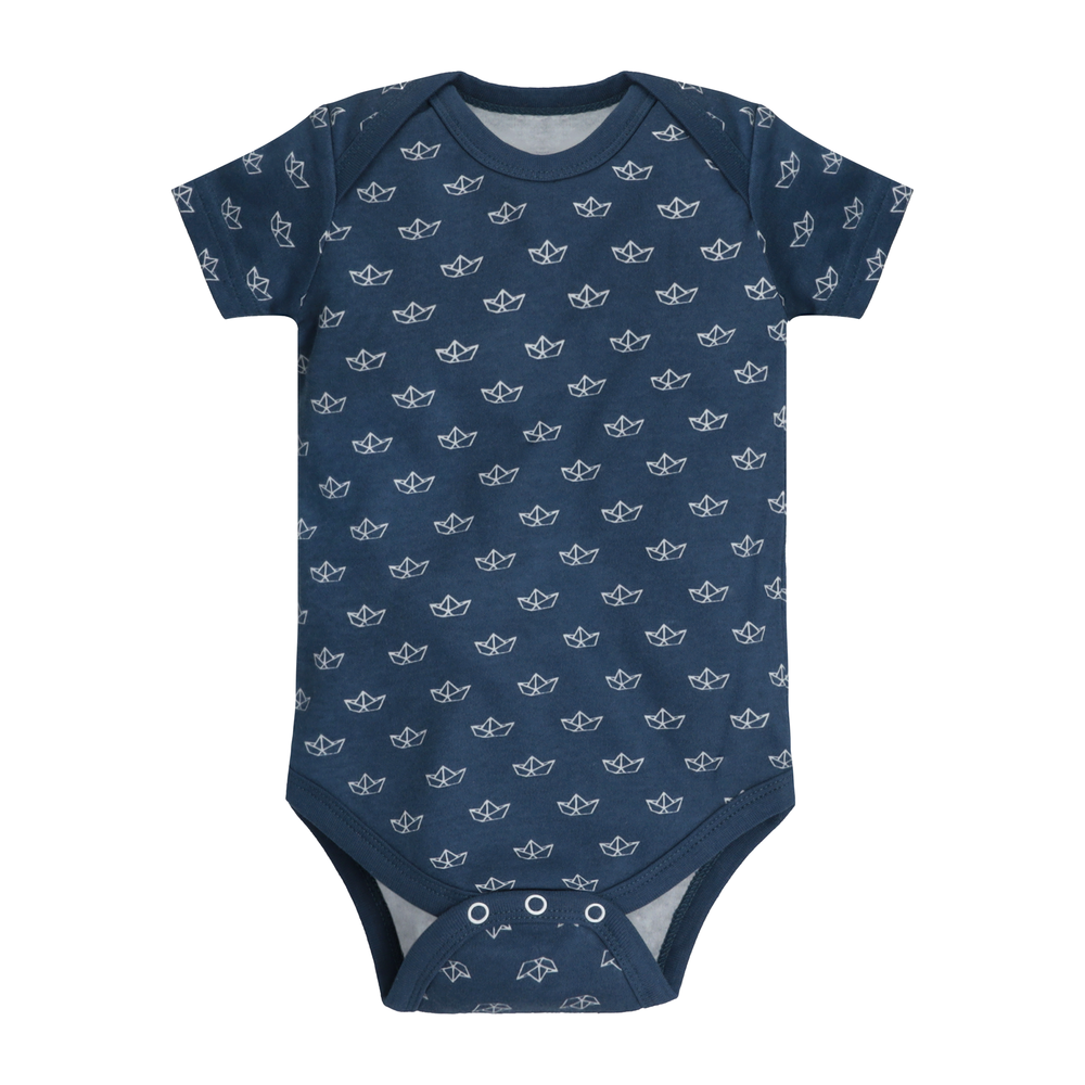 Featherhead Bodysuit FB-2061 in navy blue with Sailboat print, short sleeves, 100% cotton romper
