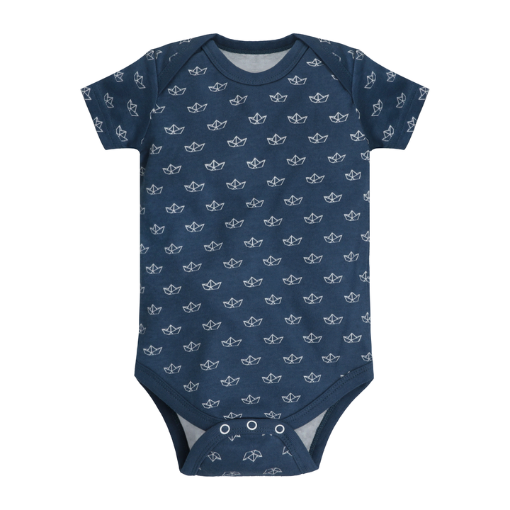 Featherhead Bodysuit FB-2061 in navy blue with Sailboat print, short sleeves, 100% cotton romper